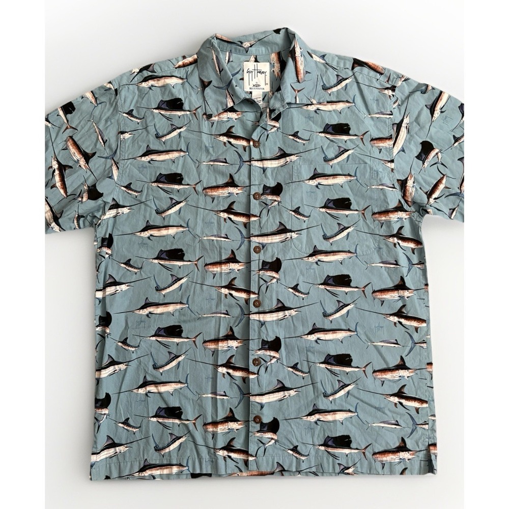AFTCO‎ Guy Harvey Tropical Fish Print Button Up Short Sleeve Shirt Men's LG Blue